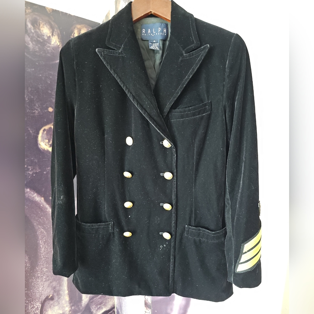 RALPH‎ RALPH LAUREN Womens Velvet Double Breast Blazer Jacket Size 4 Black Gold